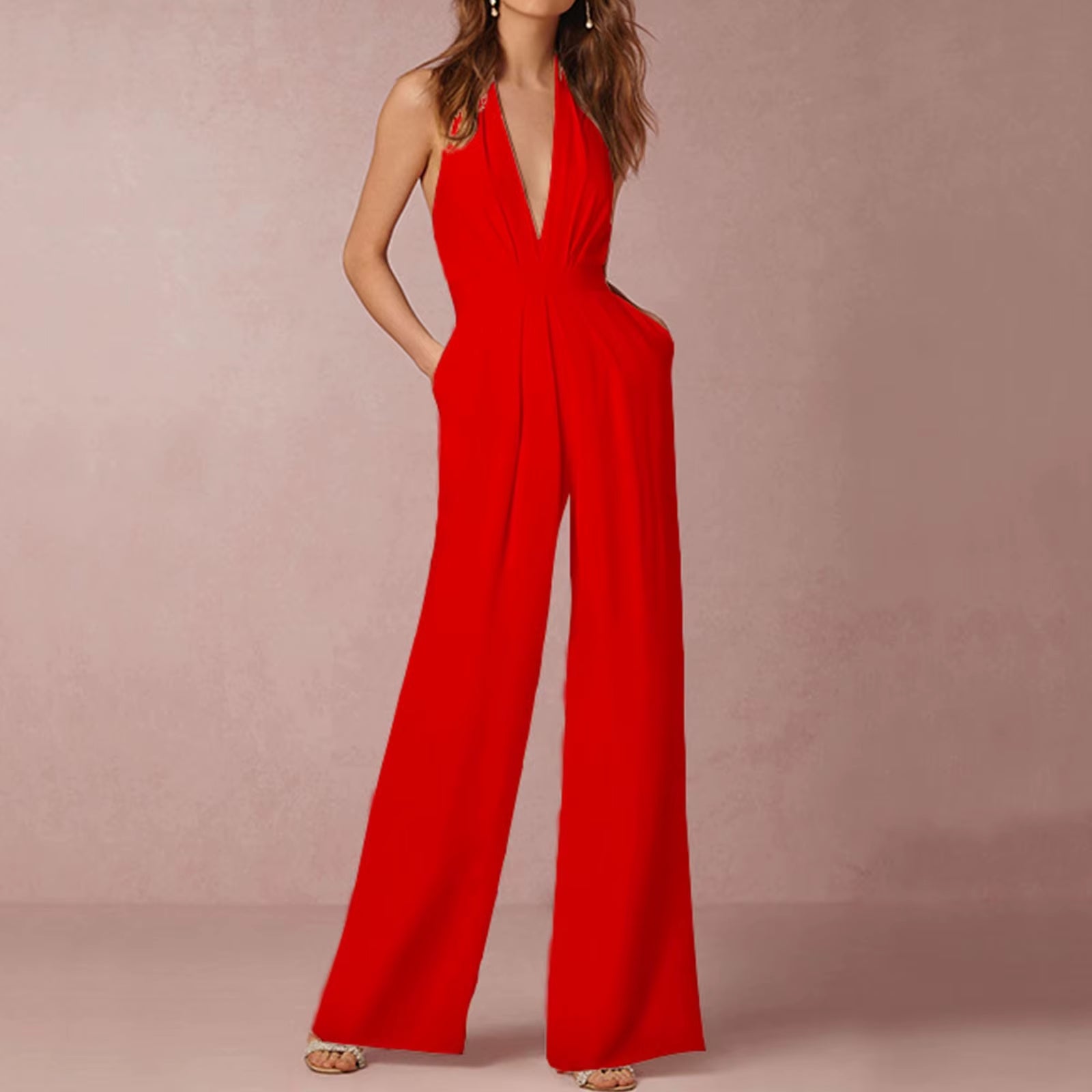 Women'S Clothing Sales Today Clearance Women Sexy Solid Color Party Sexy Halterneck Trousers with Pockets Jumpsuit Ropa Dama