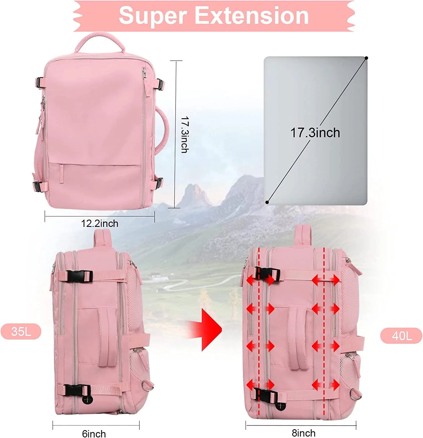 Extra Large Travel Backpack for Women,Carry on Backpack,17 Inch Laptop Backpack,Hiking Backpack,School Bag,Pink