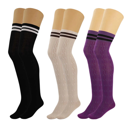 3 Pairs Women'S Colorful Thigh High over the Knee Boot Socks Size 5-10