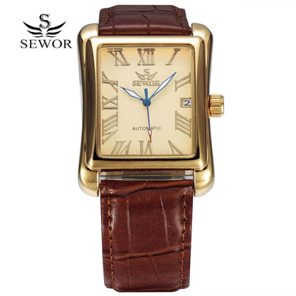 SEWOR Luxury Men Watches Fashion Rectangle Watches Men Gold Automatic Mechanical Watches Men Man Watches Relogio Masculino